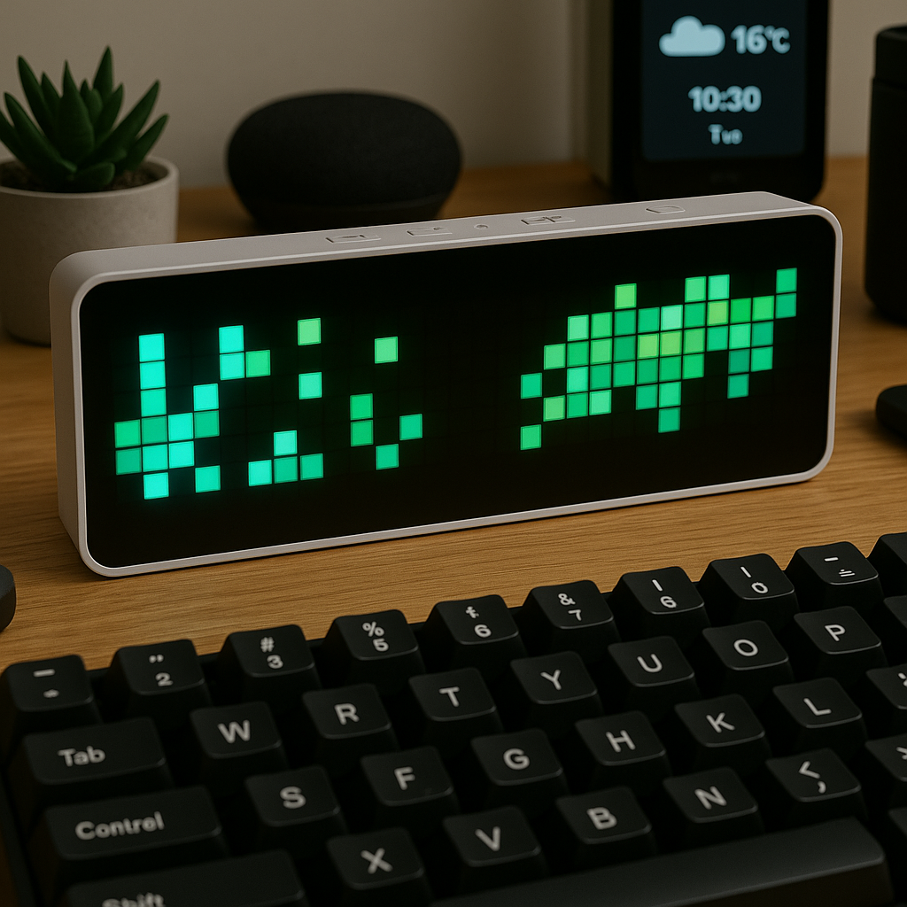 Awtrix clock displaying GitHub contributions on developer's desk